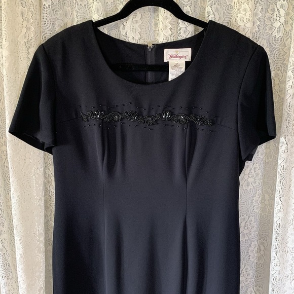 Worthington Black Lined Long Dress‎ Round Neck Short Sleeve Beaded Design Size 8 - Picture 2 of 9